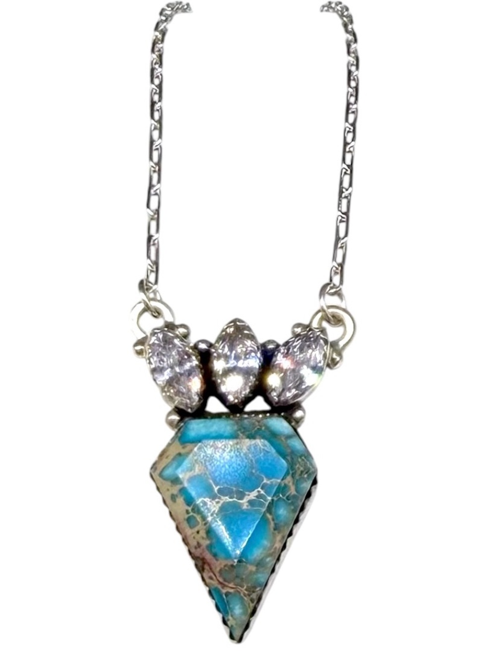 Blue Sea Sediment Jasper & Topaz Diamond Shaped Necklace 925 Sterling Silver